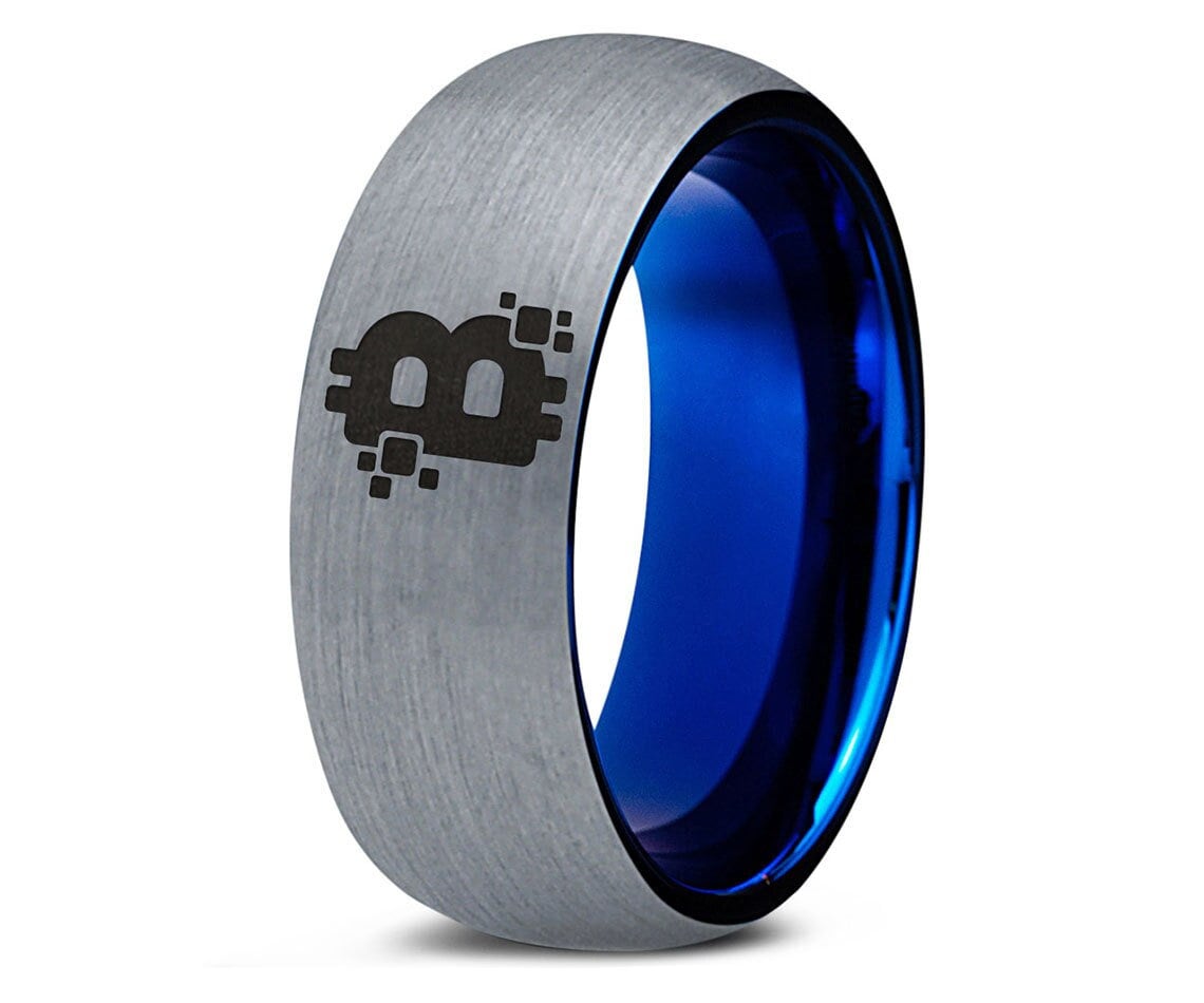 Cryptocurrency Bitcoin Ring - Dome Mens Wedding Band - Cute Tungsten Ring - Silver Blue Ring - Top Engraved Ring - Best Birthday Gifts Idea