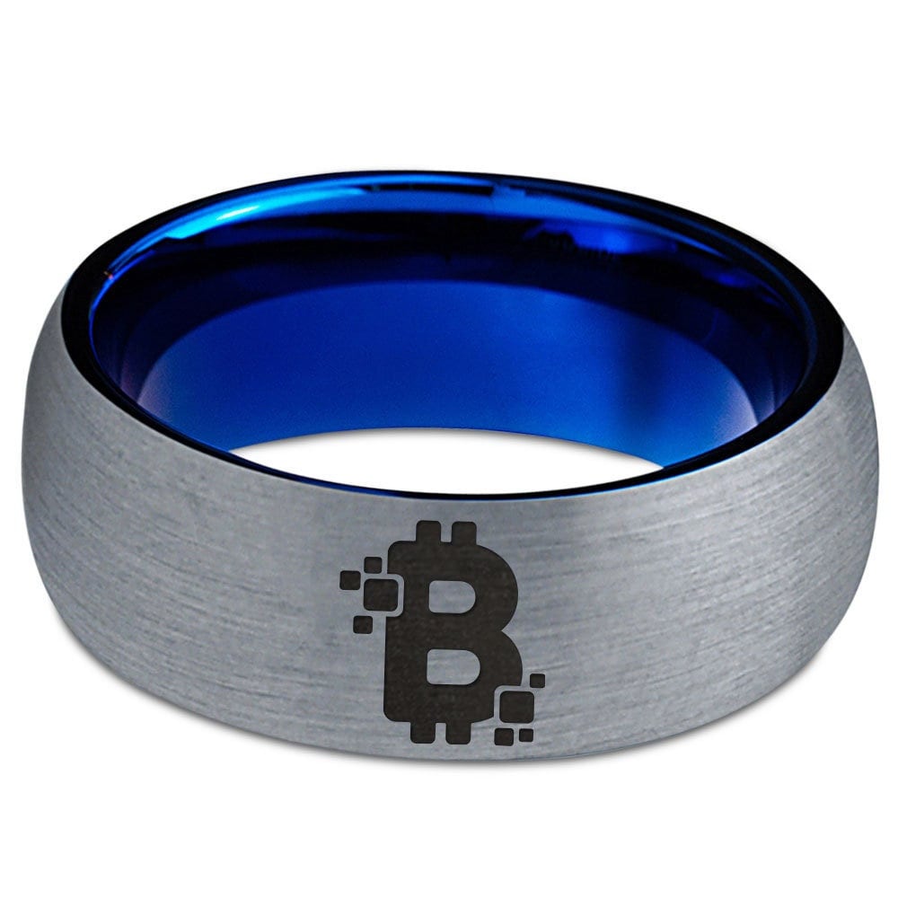 Cryptocurrency Bitcoin Ring - Dome Mens Wedding Band - Cute Tungsten Ring - Silver Blue Ring - Top Engraved Ring - Best Birthday Gifts Idea