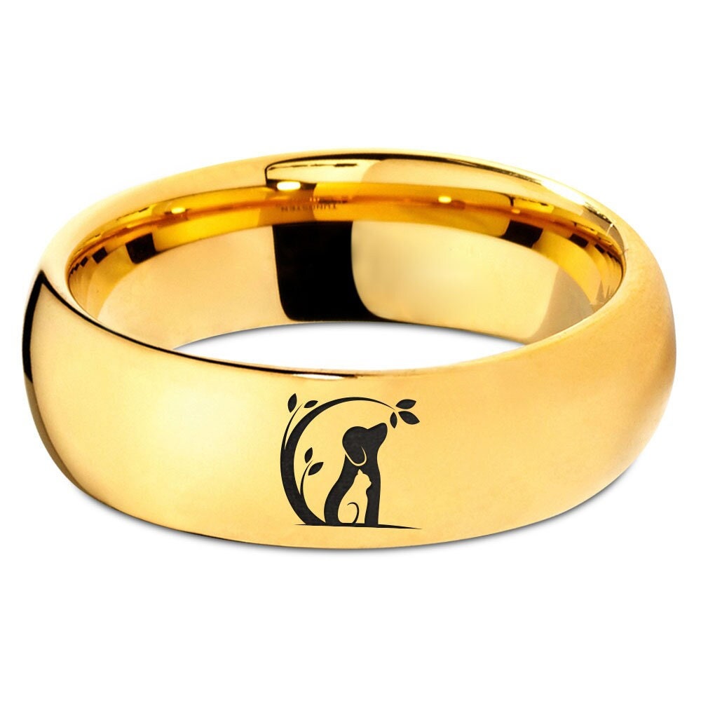 Dog And Cat Love Ring, Animal Pet Ring, Tungsten Ring, Gold Polished Wedding Band, Personalised Gifts, Ring For Wife, Matching Ring