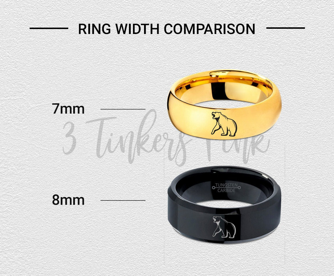 Bear Howling Ring - Mens Wedding Bands - Black Tungsten Ring - Step Bevel Silver Brushed Ring - Rings For Him - Anniversary Gifts - 8mm Ring