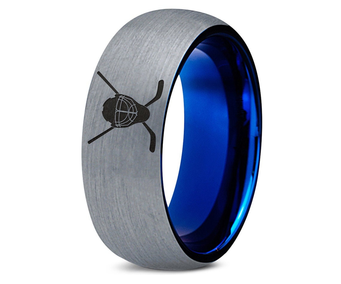 Hockey Sticks Ring, Hockey Helmet Ring, Silver Wedding Band, Blue Tungsten Rings, Antique Ring, Men Black Ring, Gifts For His and Her