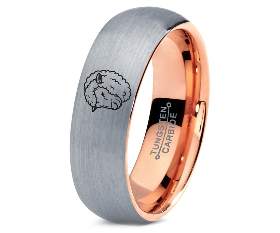 Sheep Ram Ring, Mutton Ring, Wedding Band Silver Gray, Tungsten Rings For Men, Rose Gold Wedding Band, Unique Dad Birthday Gifts, 7mm