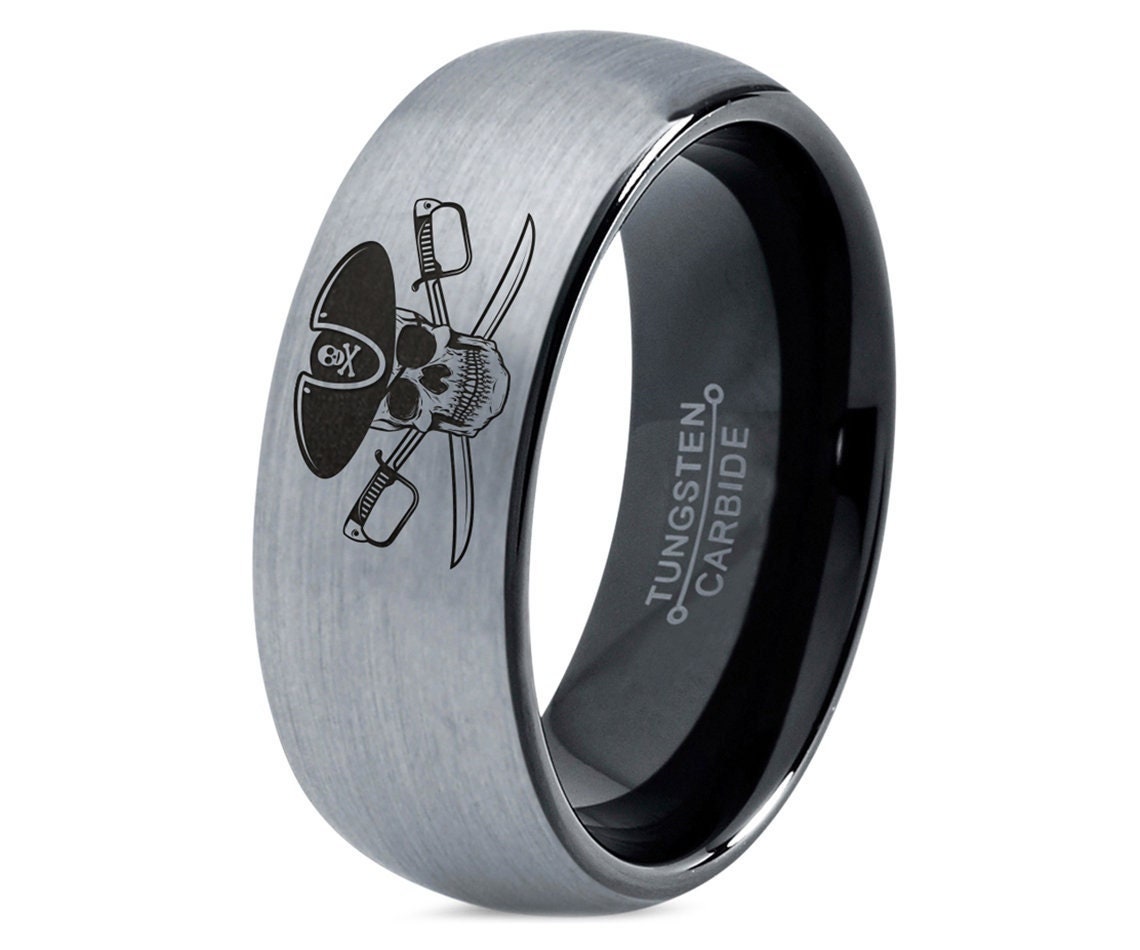 Black Corsair Bay Ring - Pirates Skull Ring - Captain Hat Ring - Grey Tungsten Ring - Wedding Band - Black Rings For Men - His and Her Gifts