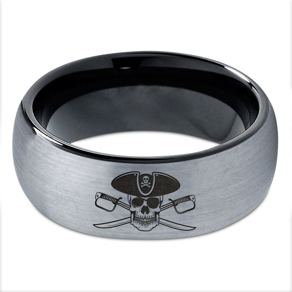 Black Corsair Bay Ring - Pirates Skull Ring - Captain Hat Ring - Grey Tungsten Ring - Wedding Band - Black Rings For Men - His and Her Gifts