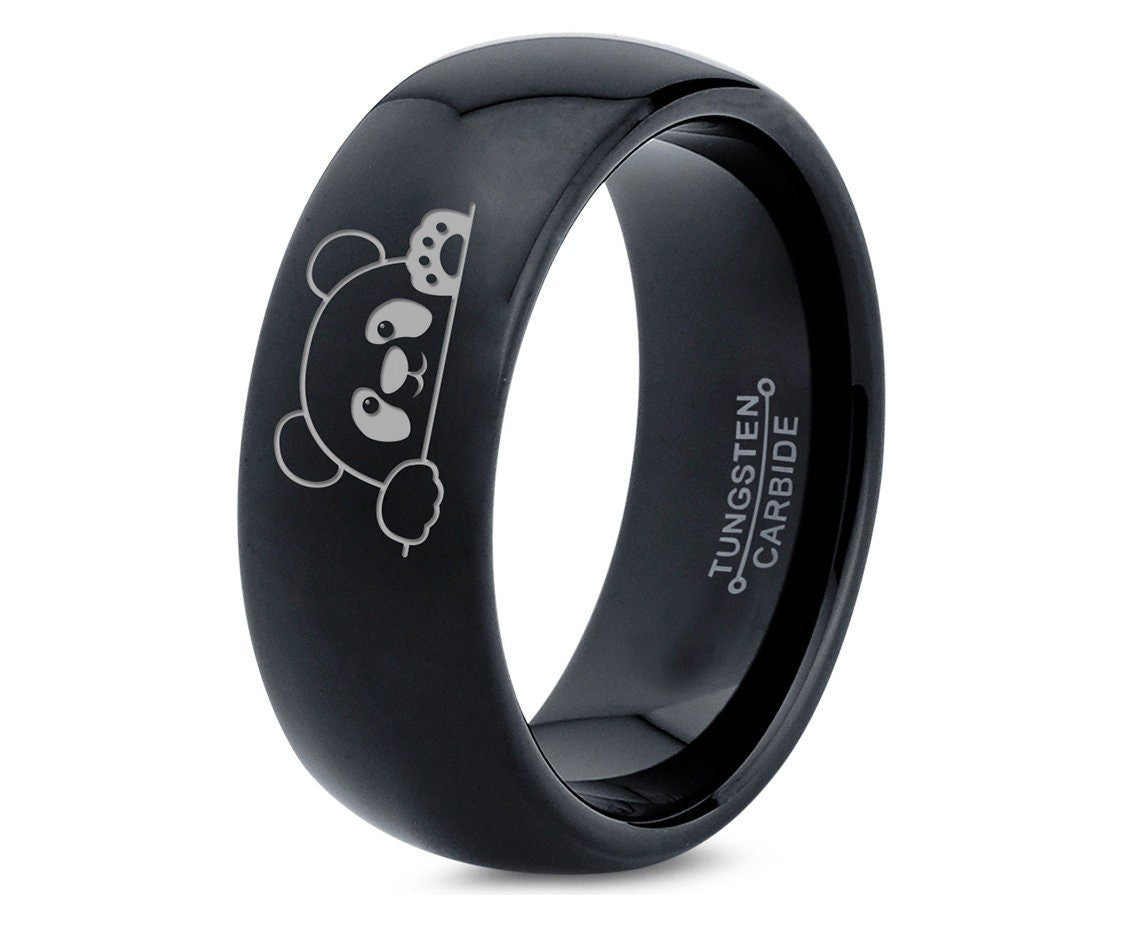 Panda Bear Ring, Domed Black Tungsten Band, Cute Animal Ring, His and Hers Wedding Ring Set, Engraved Panda Ring, Mens Band, Free Shipping