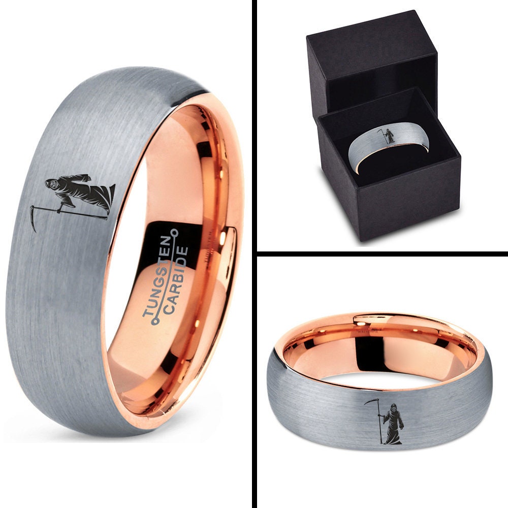 Grim Reaper Ring | Mens Wedding Band Gray | Fancy Tungsten Ring | Rose Gold Ring | Gifts For Him Unique | Personalized Gifts | Promise Ring