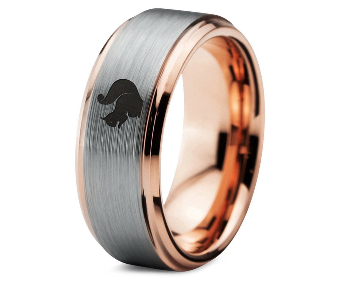 Engraved Squirrel Ring | Squirrel Wedding Ring | Easter Gifts | Step Bevel Rose Gold Tungsten Ring | Silver Brushed Rings | Valentine Gift