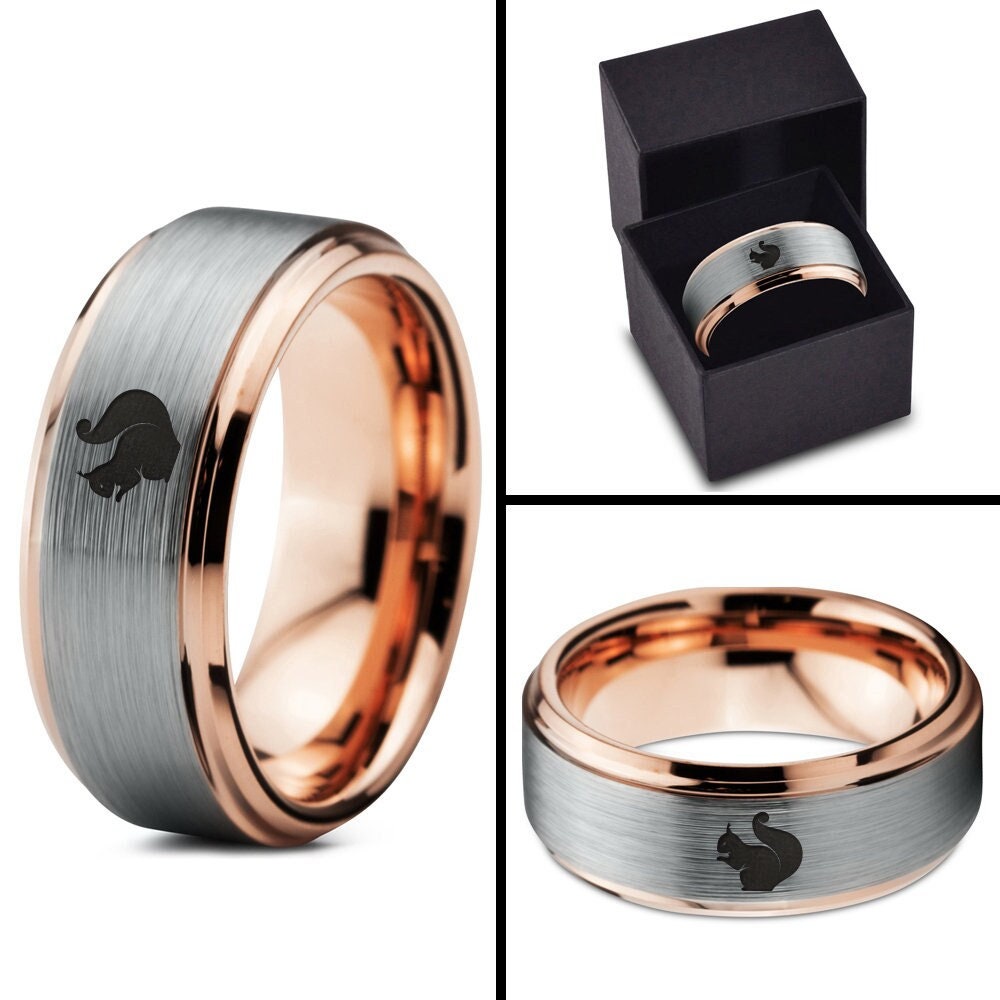 Engraved Squirrel Ring | Squirrel Wedding Ring | Easter Gifts | Step Bevel Rose Gold Tungsten Ring | Silver Brushed Rings | Valentine Gift