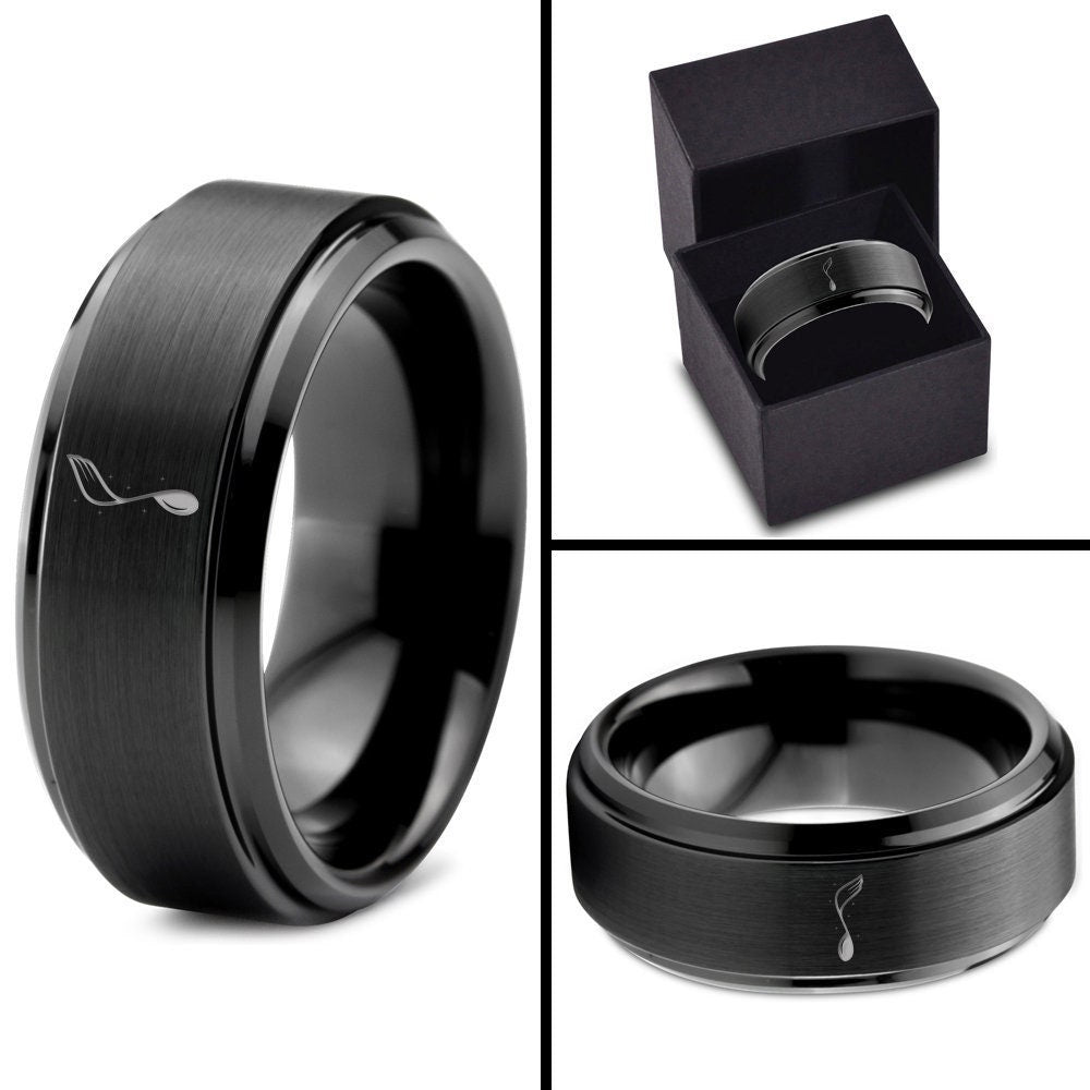 Winged Music Notation Ring, Wedding Band Mens Black, Step Bevel Ring, Tungsten Ring, Gifts For Him, Adjustable Couple Ring, 8mm Ring