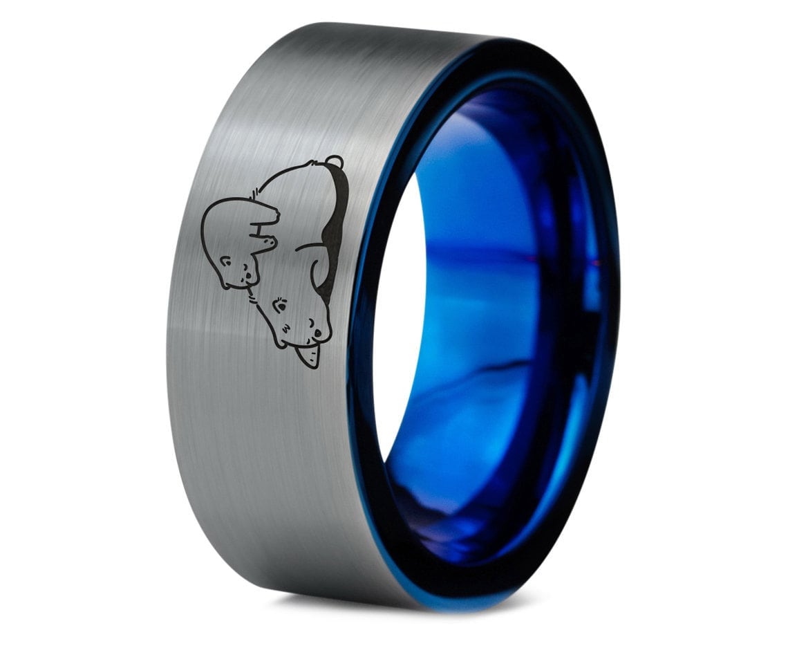 Engraved Bear Cub Ring - Brushed Silver Gray Wedding Band - Tungsten Ring Blue - Laser Engraved Ring - Couple Promise Ring - Free Shipping