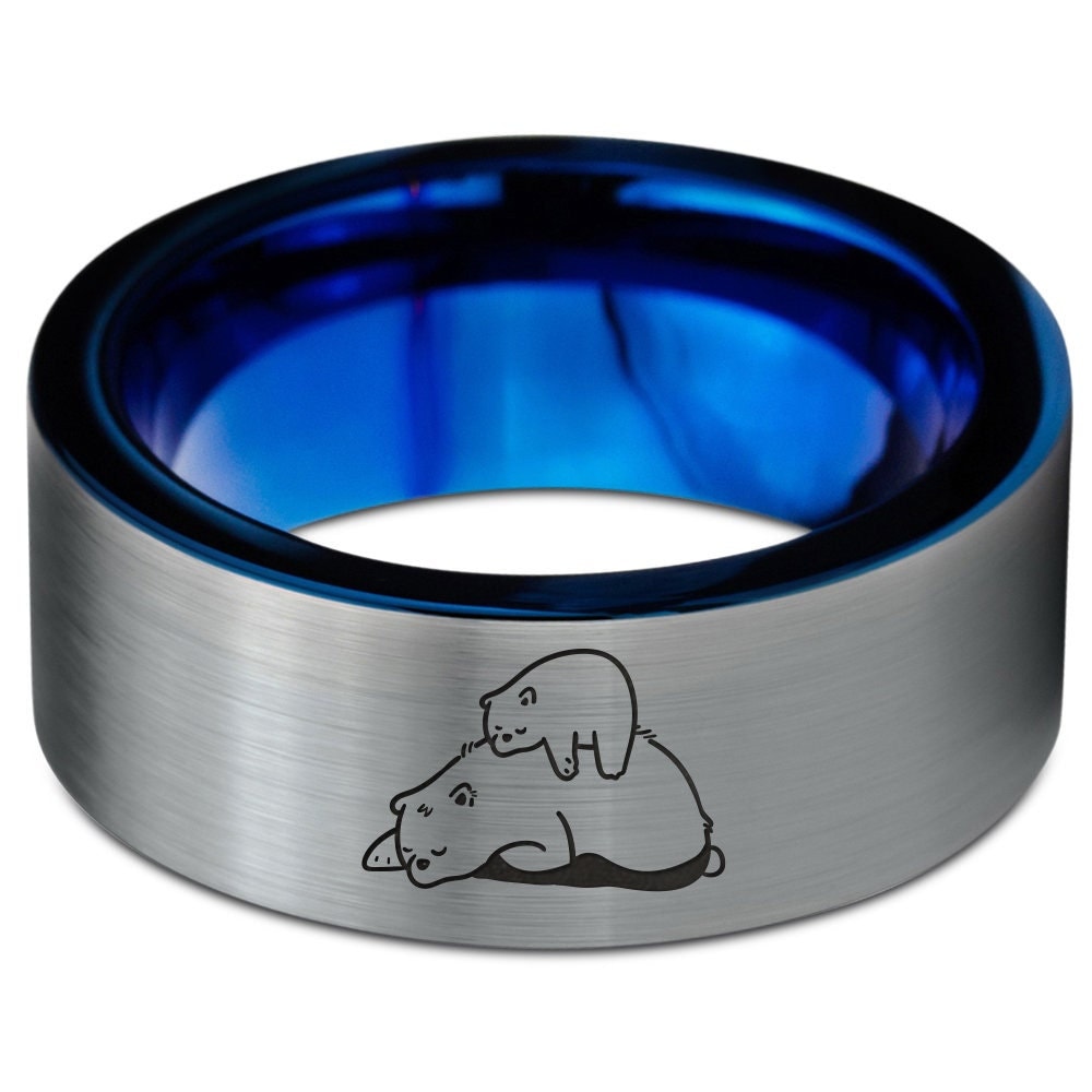 Engraved Bear Cub Ring - Brushed Silver Gray Wedding Band - Tungsten Ring Blue - Laser Engraved Ring - Couple Promise Ring - Free Shipping