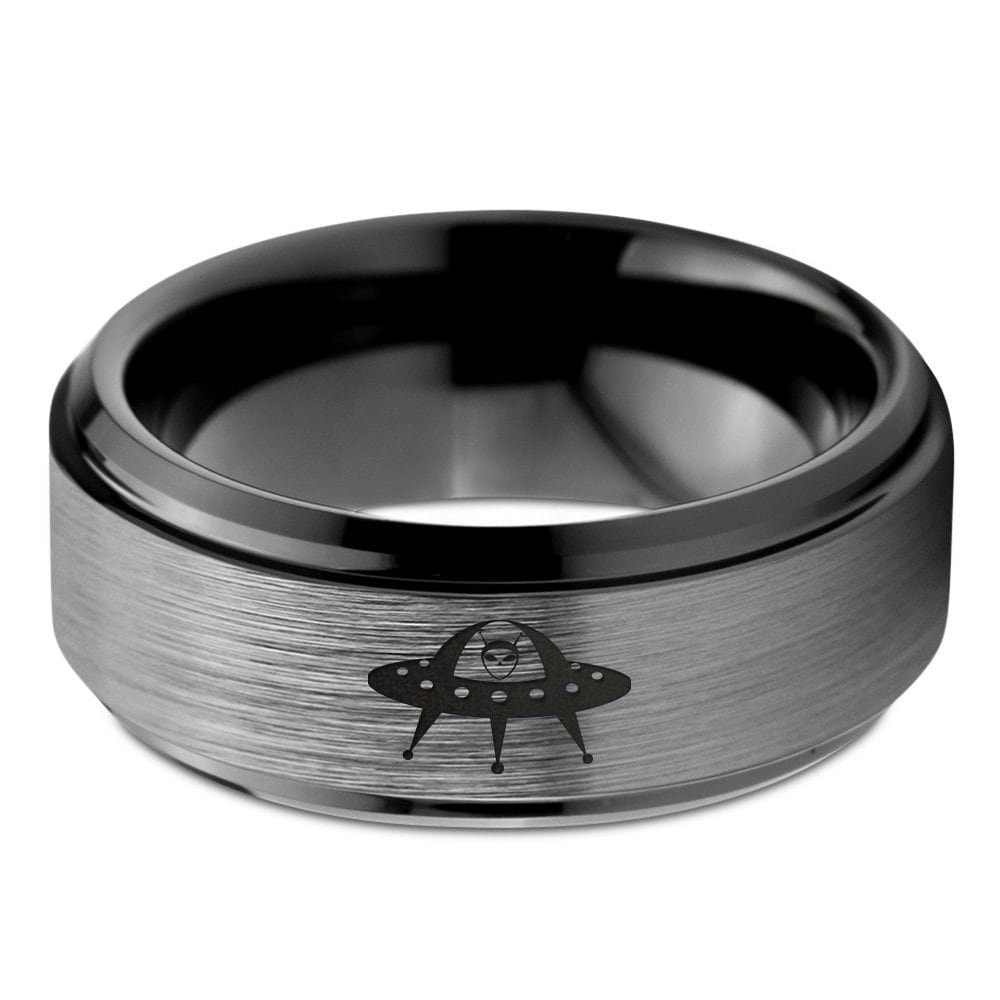 Alien Space Ship Ring,Ladies Wedding Bands,Tungsten Engraved Rings For Men,Black and Gray Ring,Couples Matching Rings,Gifts For Best Friend