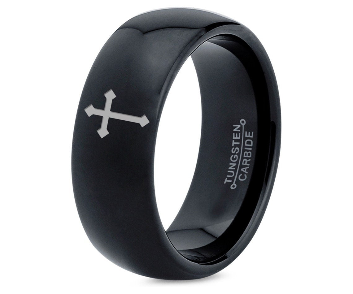 Christian Ring, Black Cross Ring, Engraved Ring, Black Wedding Ring Set, Tungsten Promise Rings, Mens Wedding Bands, Mothers Day Gift