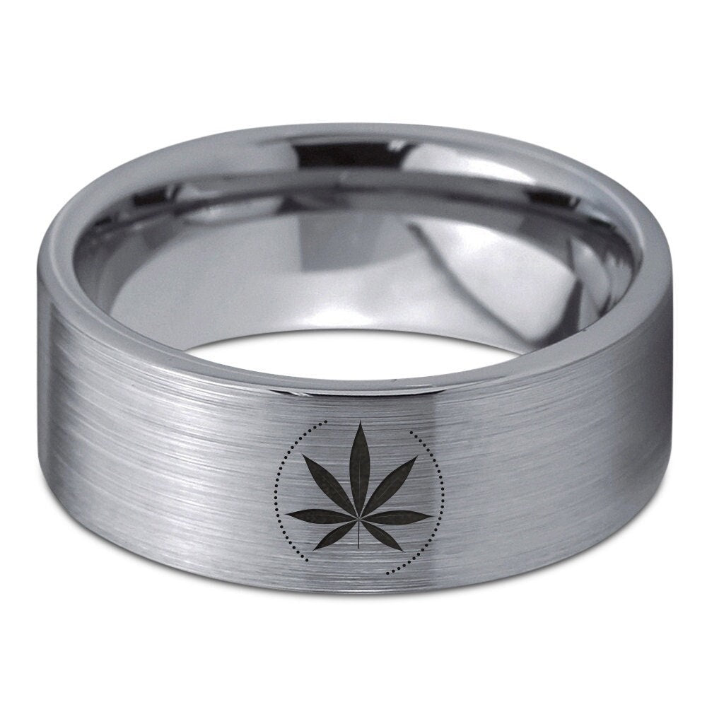 Marijuana Cannabis Leaf Ring | Always Silver Wedding Band | Mens Tungsten Carbide Ring | Engagement Ring | Sweet Gift For Friend