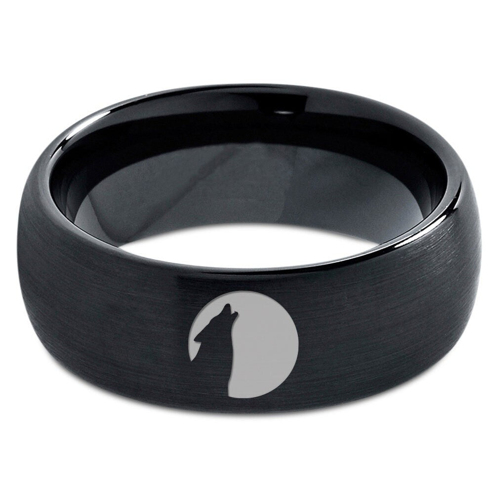 Engraved Moon With Wolf Howling Ring - Brushed Dome Wedding Band Black - Fancy Tungsten Ring - Mens Black Rings - Matching Rings For Couples