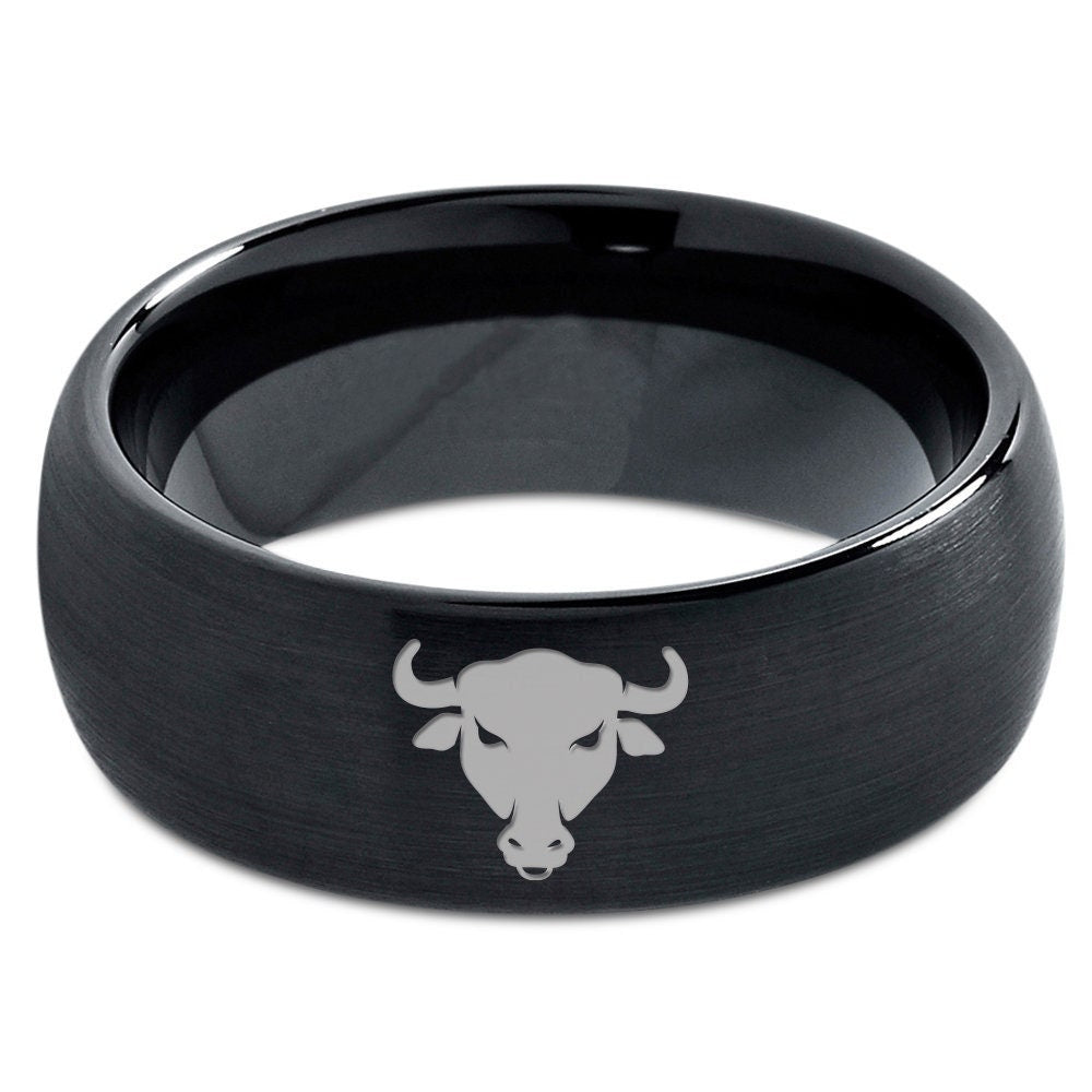 Bull Head Face Horn Ring - Wedding Ring For Women - Tungsten Carbide Ring - Dome Black Ring - Laser Marking Ring - Gifts For Her Love