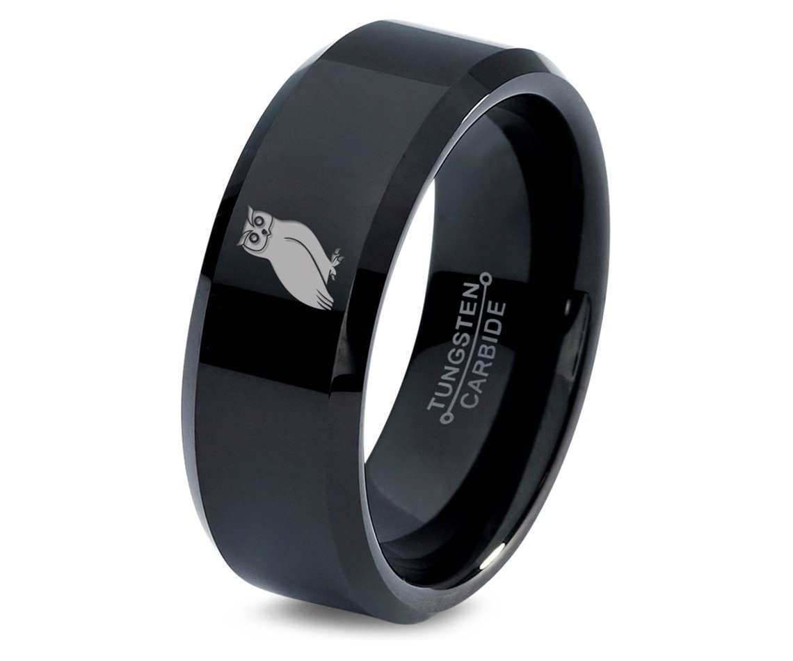 Laser Engraved Owl Bird Ring, Black Matching Wedding Bands, Bevel Tungsten Ring, Personalized Ring Men, 8mm Wedding Band, Sister Gift Ideas