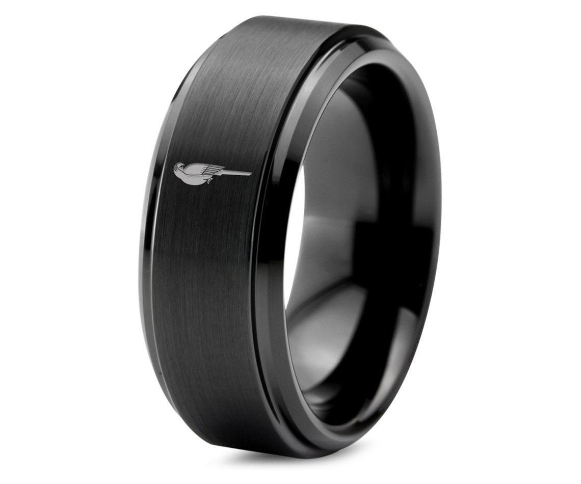 Wild Parrot Bird Ring, Black Tungsten Wedding Band For Men, Common Tungsten Ring, Step Bevel Round Ring, Engagement Rings For Couples