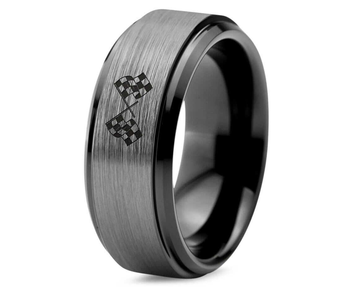 Crossed Checkered Flag Ring, Black Womans Wedding Band, Tungsten Ring Men , Minimalistic Rings, Gray Engraved Ring, Birthday Gifts