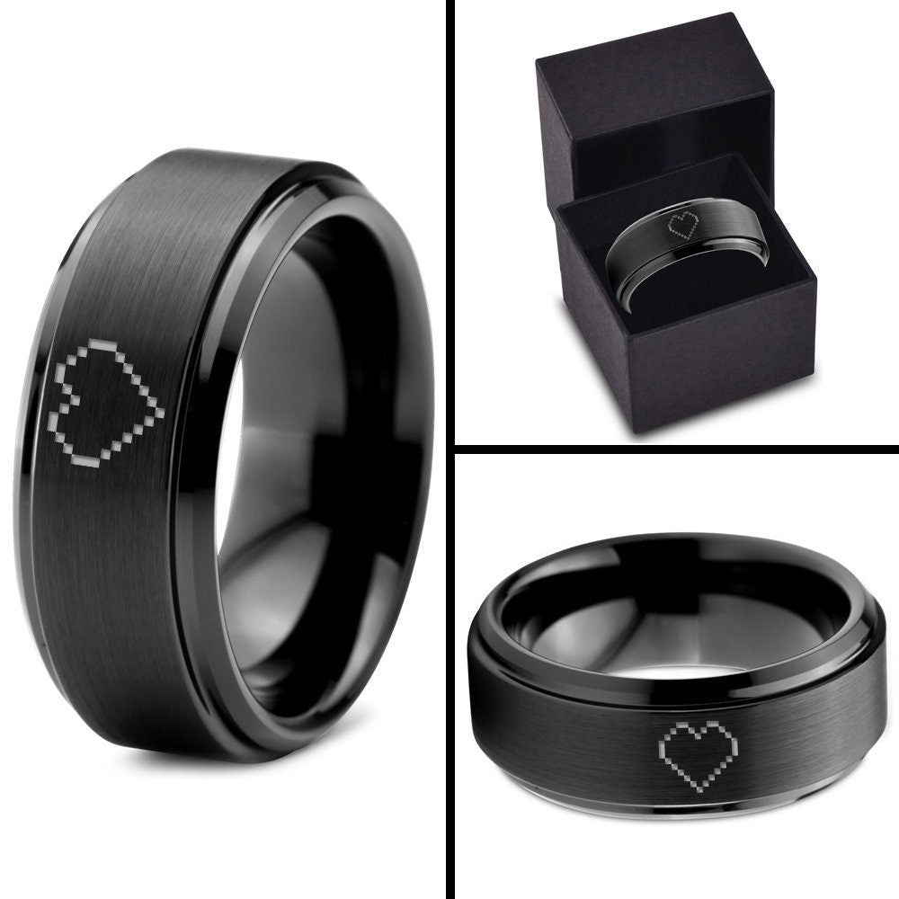 Pixelated Zelda Life Empty Heart Ring - Tungsten Wedding Bands Women - Mens Black Tungsten Ring - Personalized Rings - Gifts For Anniversary