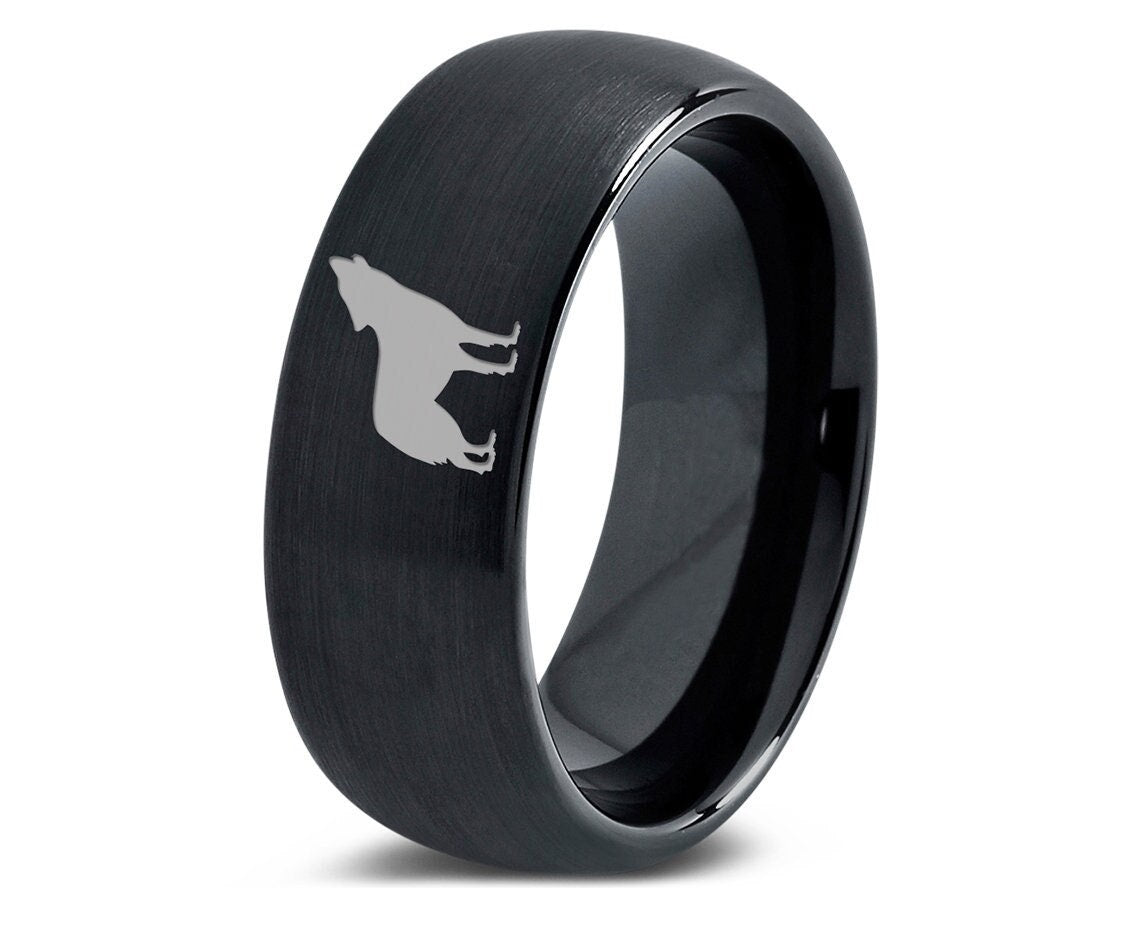 Wild Wolf Howling Face Ring | Minimalist Dome Black Ring | His and Hers Wedding Bands | Brushed Tungsten Ring 8mm | Unique Ring | Gifts