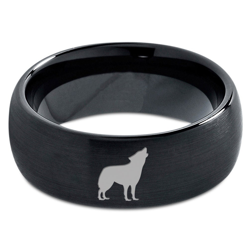 Wild Wolf Howling Face Ring | Minimalist Dome Black Ring | His and Hers Wedding Bands | Brushed Tungsten Ring 8mm | Unique Ring | Gifts