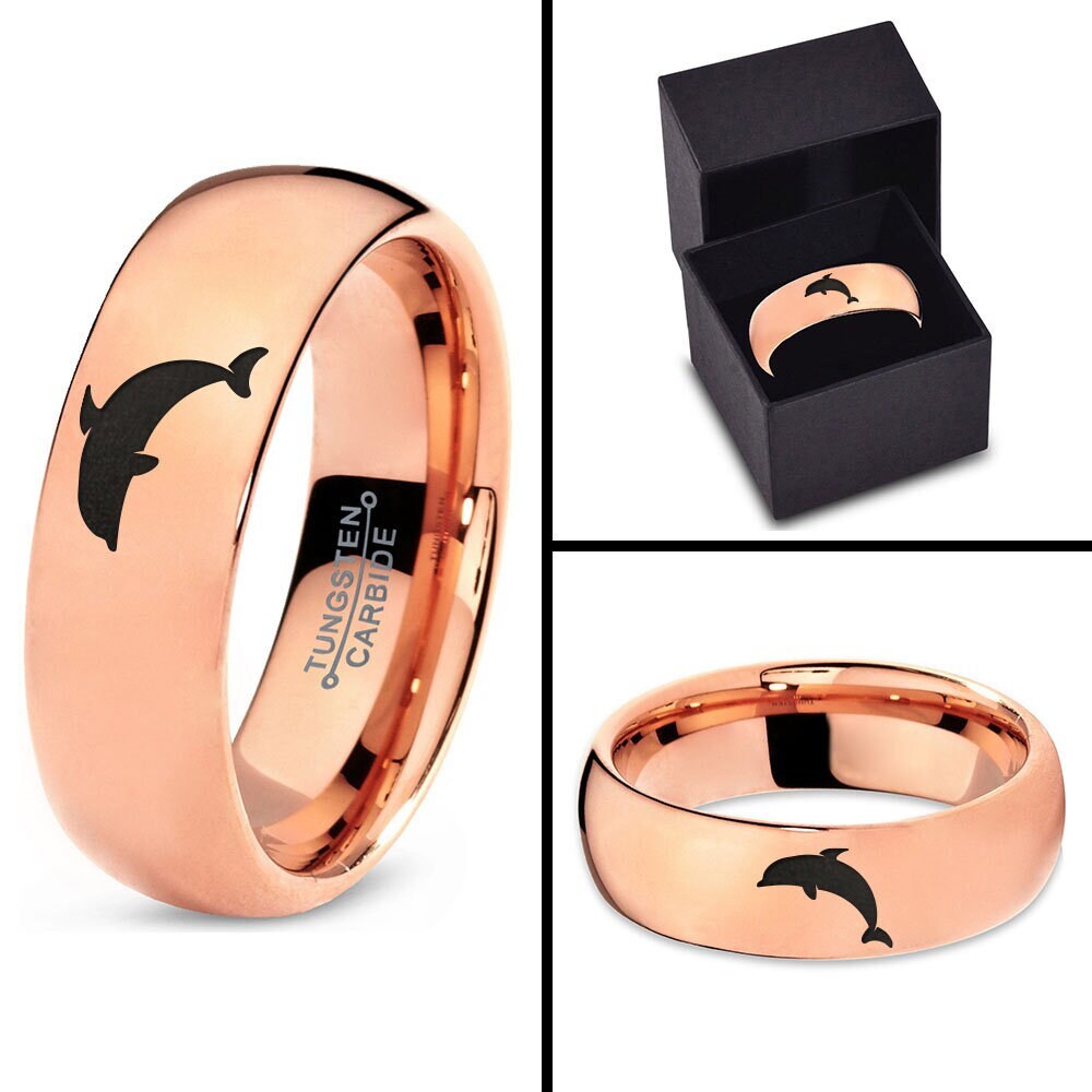 Sea Animal Dolphin Beluga Ring | Rose Gold Wedding Band | Dome Polished Tungsten Ring | 7mm | Women Rose Gold Ring | Wife Valentines Gifts