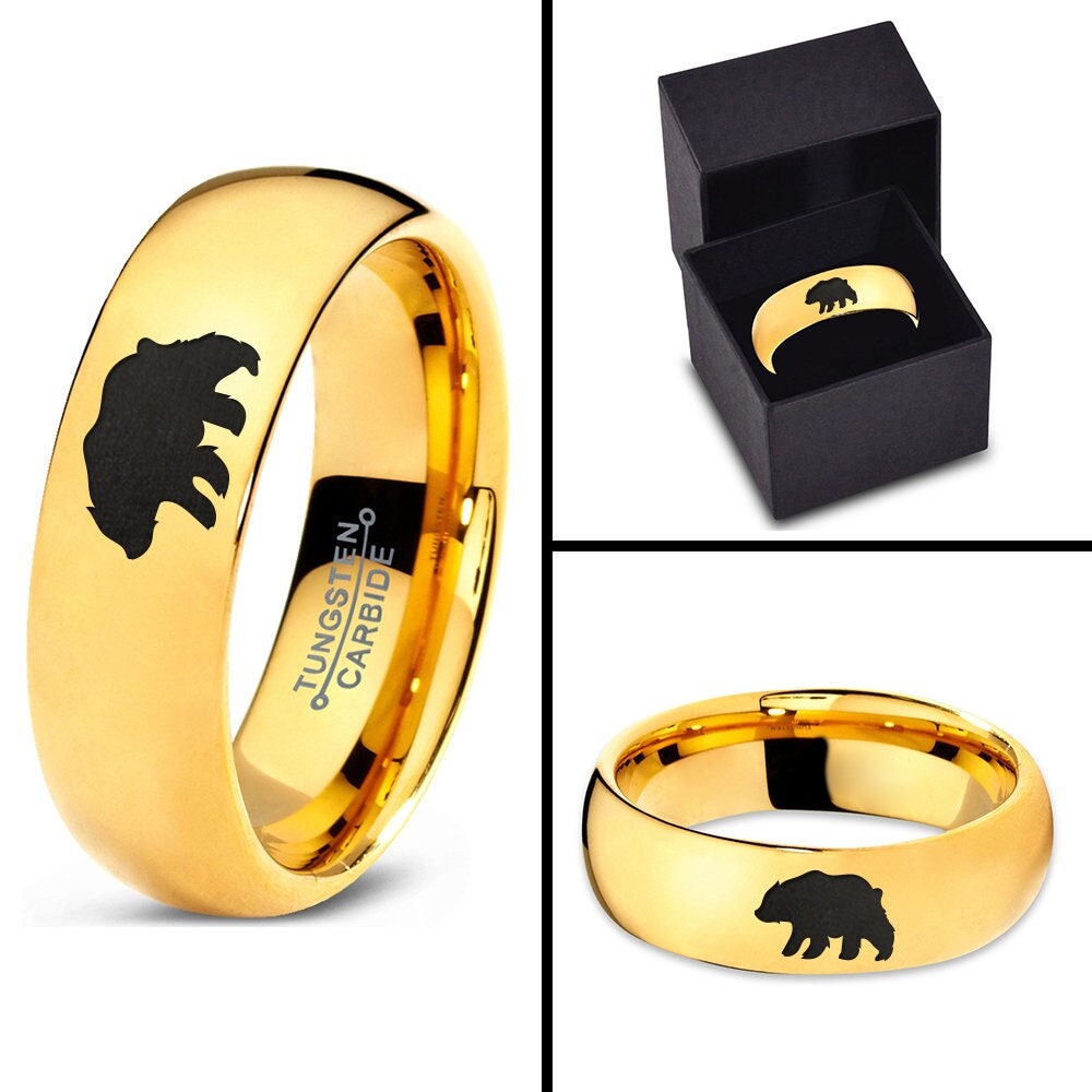 Animal Bear Ring - Couples Wedding Bands - Gold Tungsten Rings For Men - Domed Polished Ring - Anniversary Gifts - 8mm Ring - Free Shipping