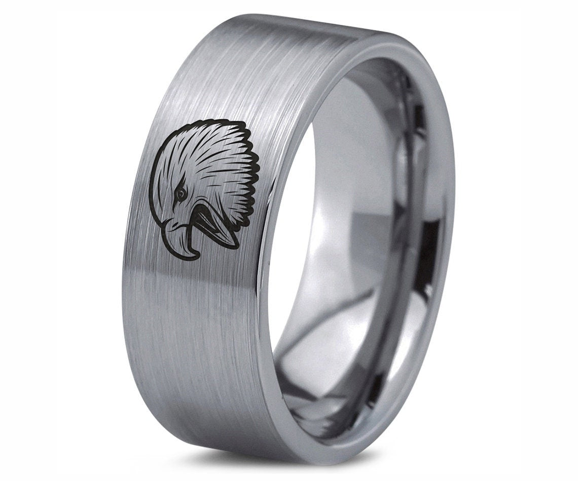 Wild Eagle Mens Ring, Animal Ring, Mens Wedding Ring Set, Flat Tungsten Carbide Ring, Animal Engraved Ring, Rings For Women, Thank You Gifts