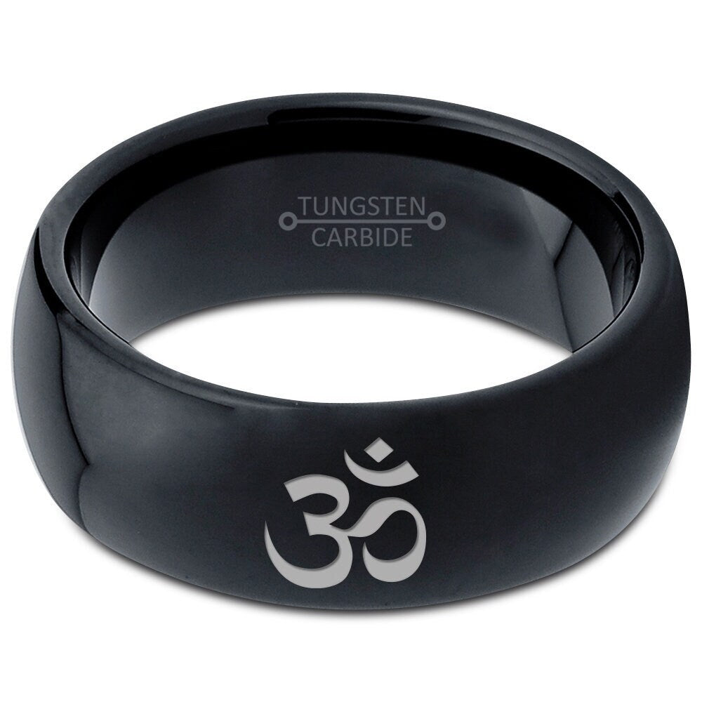 Religion Sign Hinduism Om Ring | Black Wedding Bands For Women | Mens Ring Tungsten Carbide | Black Ring 8mm | Gifts For Her | Free Shipping