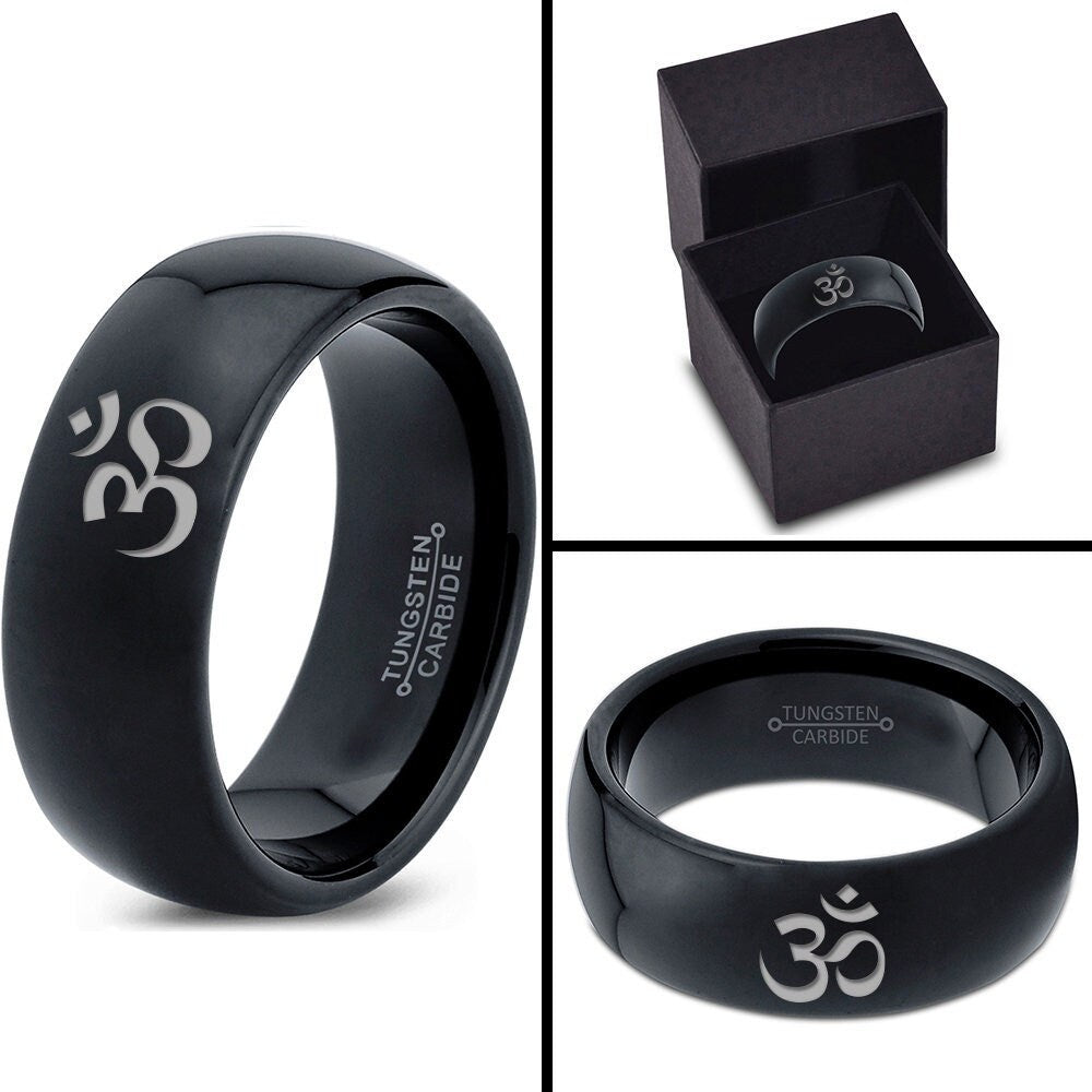 Religion Sign Hinduism Om Ring | Black Wedding Bands For Women | Mens Ring Tungsten Carbide | Black Ring 8mm | Gifts For Her | Free Shipping