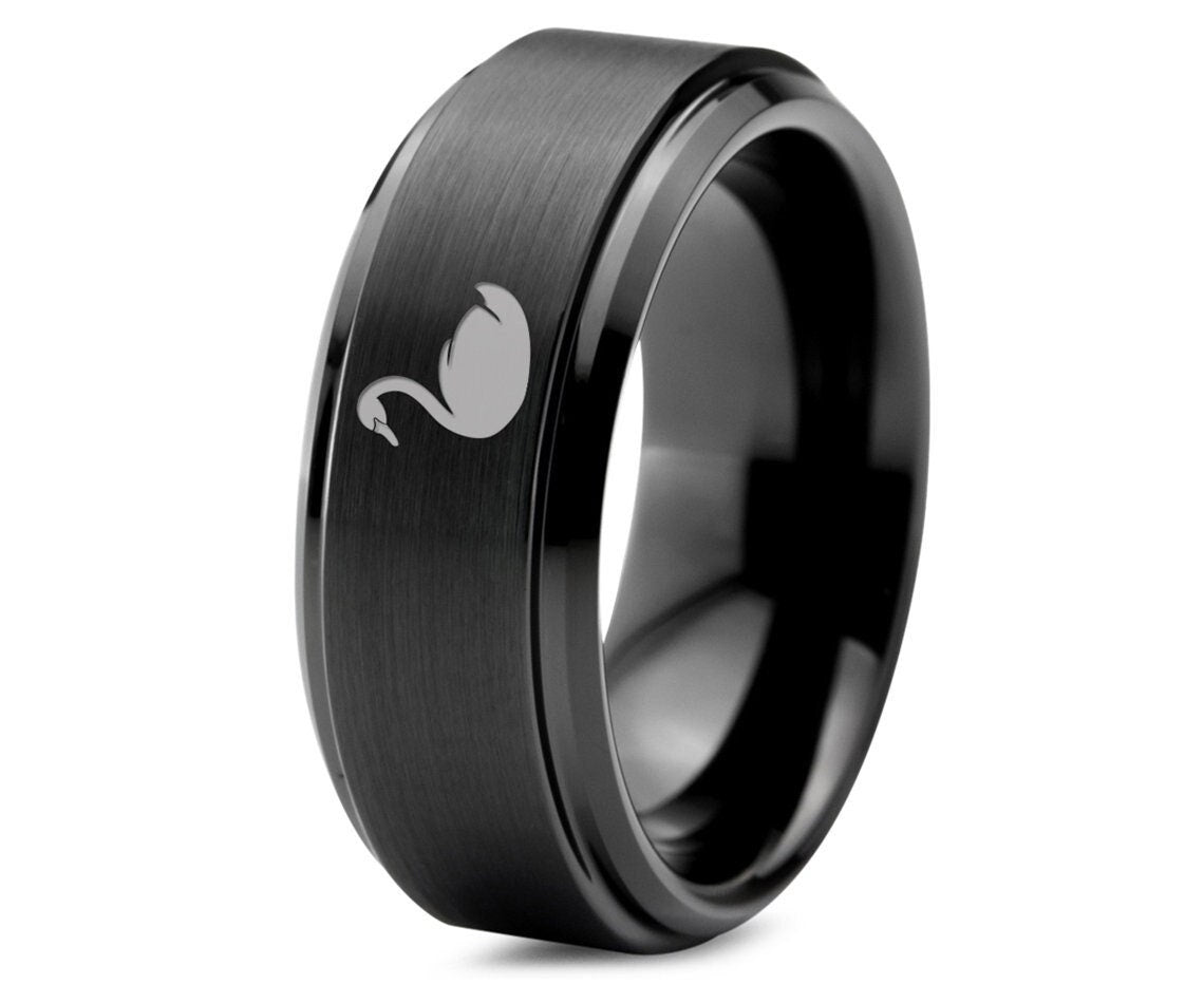 Swan Ring | Men Pagoda Wedding Band | Tungsten Carbide Ring | Custom Engraved Black Ring | His and Her Gift | Free Shipping