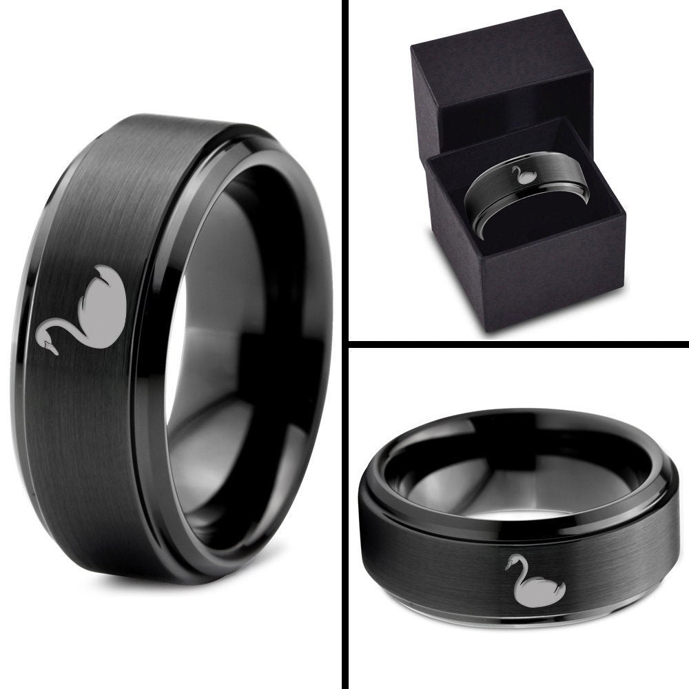 Swan Ring | Men Pagoda Wedding Band | Tungsten Carbide Ring | Custom Engraved Black Ring | His and Her Gift | Free Shipping