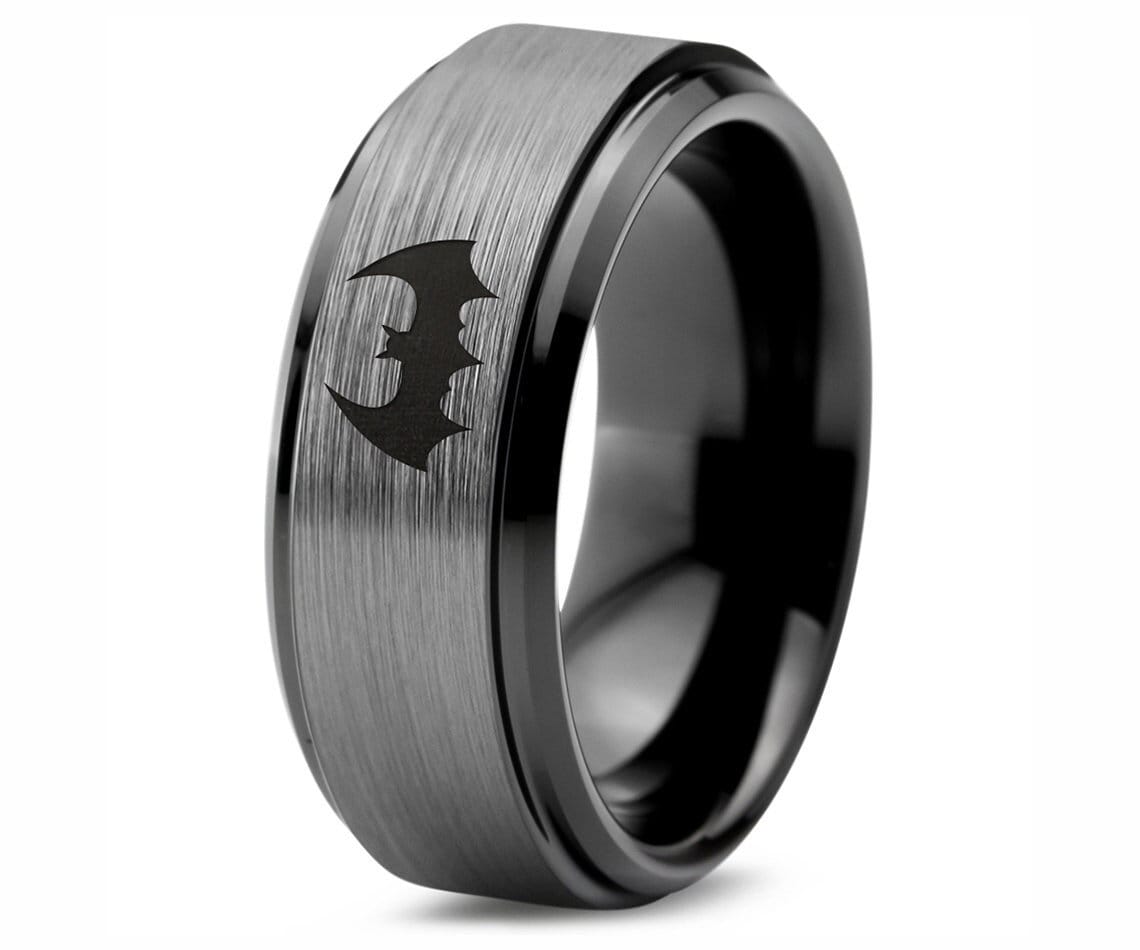 Flying Bat Ring - Bat Bird Ring - Grey Wedding Band Sets For Him and Her - Engraved Ring - Black Tungsten Rings For Men - Free Shipping