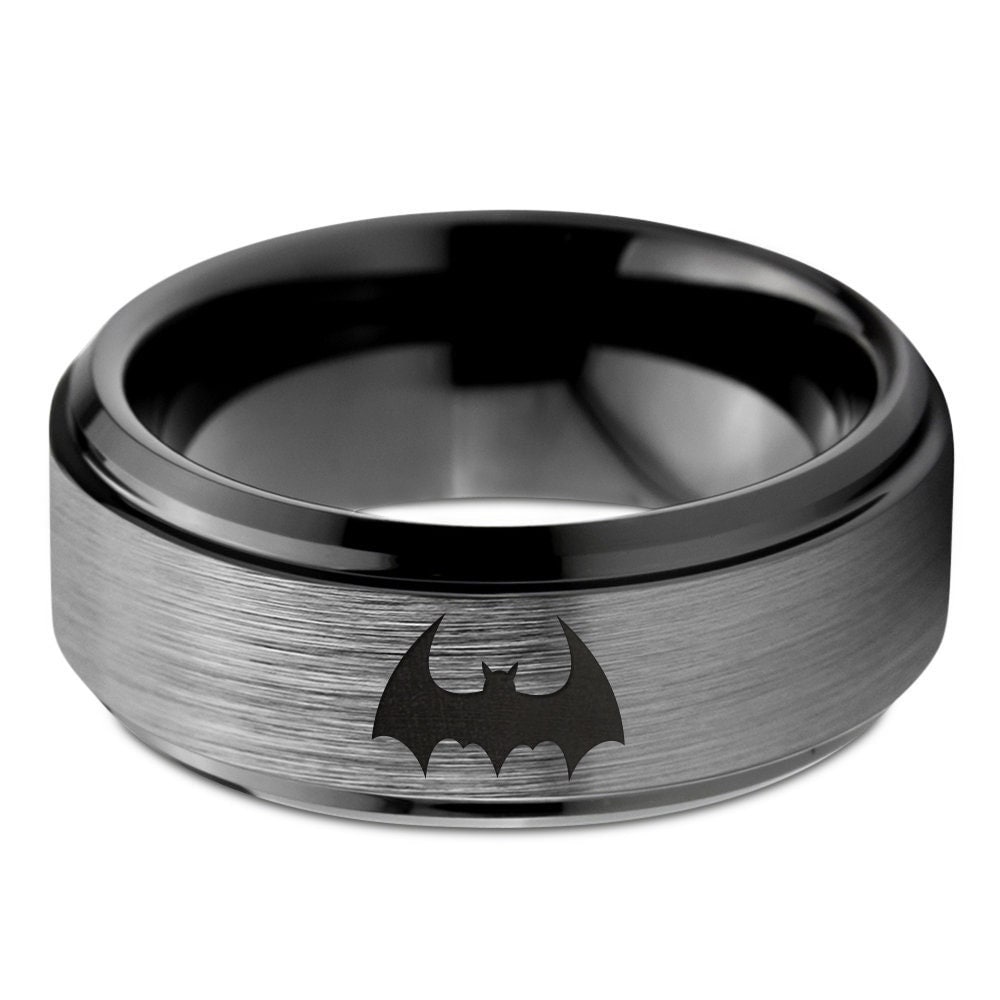 Flying Bat Ring - Bat Bird Ring - Grey Wedding Band Sets For Him and Her - Engraved Ring - Black Tungsten Rings For Men - Free Shipping