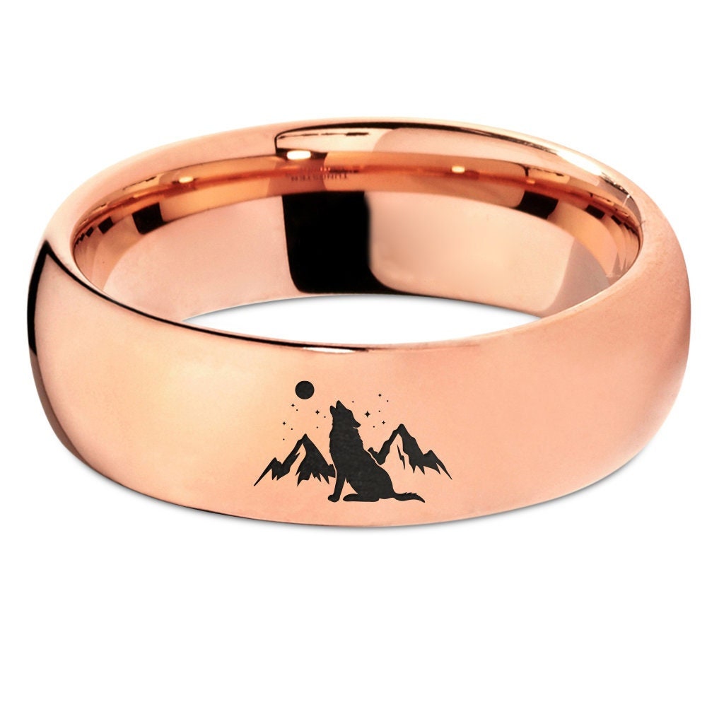 Snow Howling Ring - White Wolf Ring - Rose Gold Wedding Sets - Tungsten Carbide Men Ring - Laser Engraved Ring - Gift For Anniversary Couple