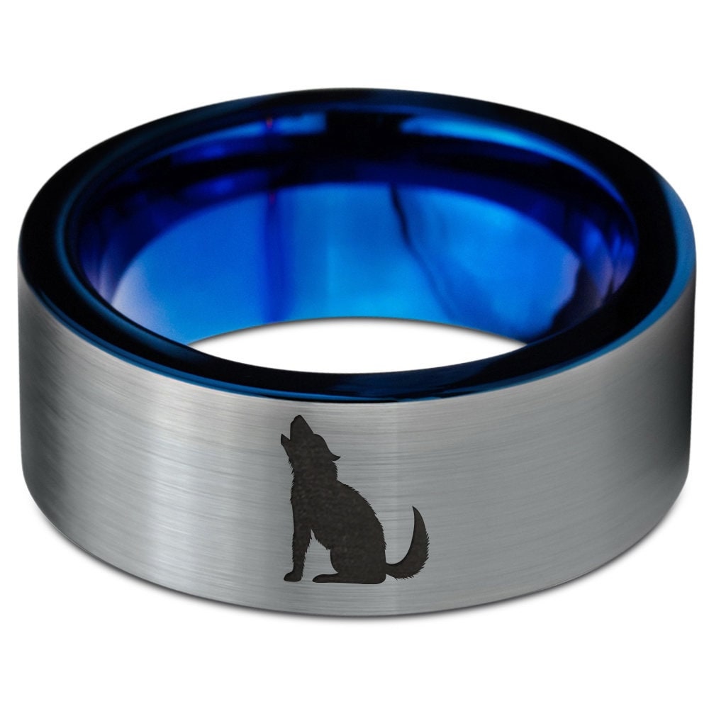 Engraved Ring | Forest Wolves Ring | Wolf Howling Ring | Ladies Wedding Band Blue | Silver Tungsten Rings For Men | Anniversary Gifts | 8mm