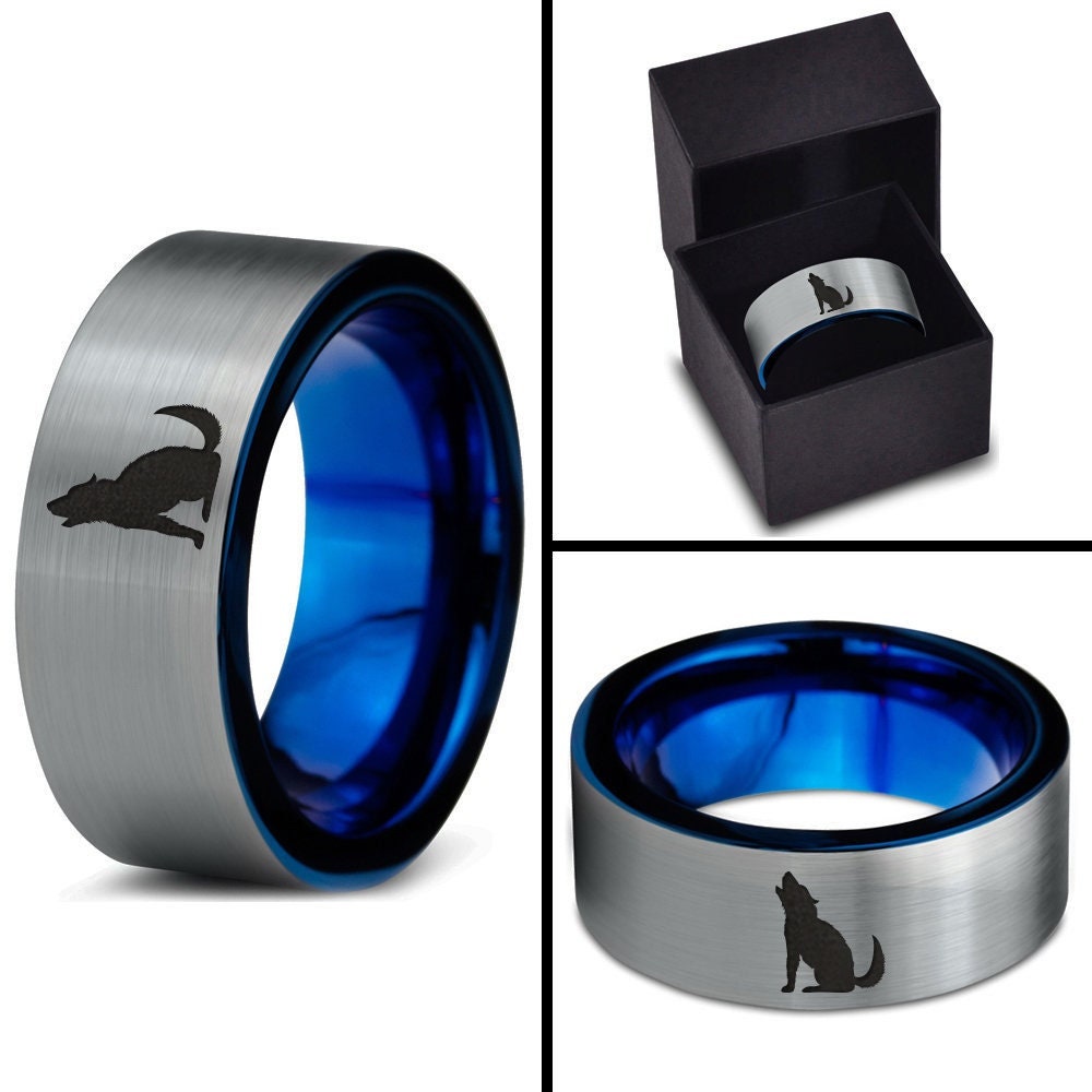 Engraved Ring | Forest Wolves Ring | Wolf Howling Ring | Ladies Wedding Band Blue | Silver Tungsten Rings For Men | Anniversary Gifts | 8mm