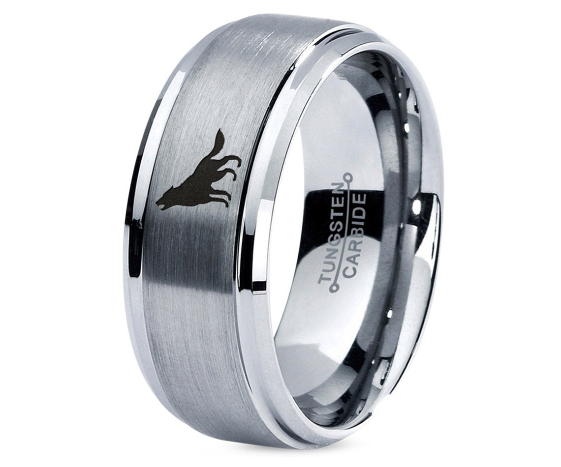 Howling Wolves Ring,Engraved Engagement and Wedding Band,Silver Gray Tungsten Ring,Mens Ring,Promise Ring,His and Her Gifts,Free Shipping