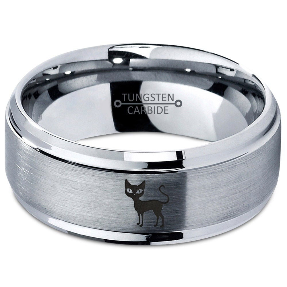 Pet Animal Ring, Cute Cat Ring, Step Bevel Silver Ring, Wedding Band Grey, Mens Tungsten Carbide Ring, Ring For Women, His and Her Ring