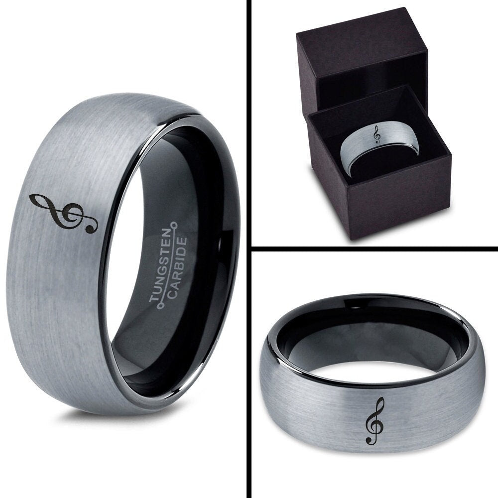 Music Quarter Note Treble Clef Music Ring | Male Wedding Band Black | Grey Tungsten Ring | Promise Rings For Women | Best Friends Gifts