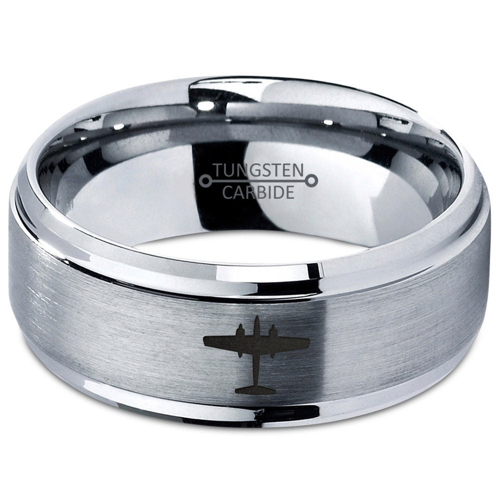 Flying Airplane Ring, Brushed Tungsten Wedding Band Silver, Mens Tungsten Carbide Ring, Jewelry For Women, His and Her Gifts, Free Shipping