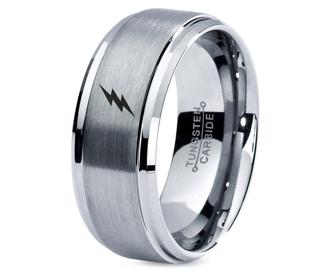 Thunderbolt Flash Ring | Tungsten Wedding Band Silver | Gray Brushed Tungsten Ring | Mens Personalized Ring | Christmas Gift For Husband