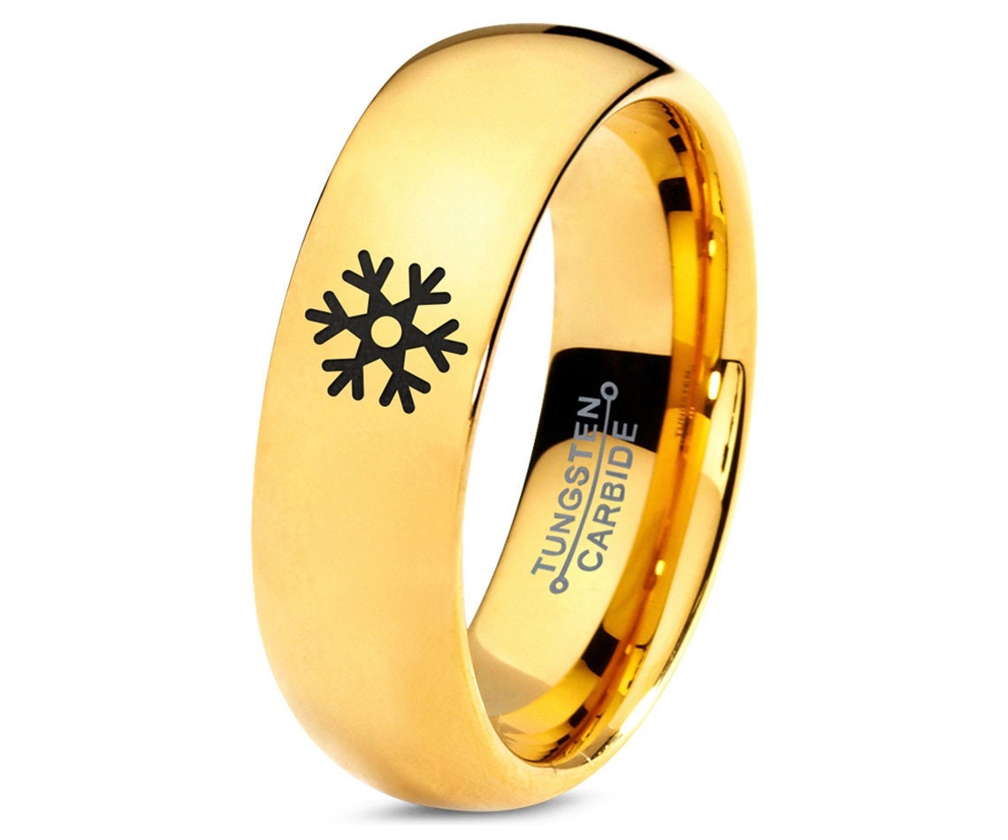 Snowflake Ring, Handmade Engraved Ring, Tungsten Wedding Band Yellow Gold, Winter Ring, Rings for Women, Personalized Ring, Fast Shipping