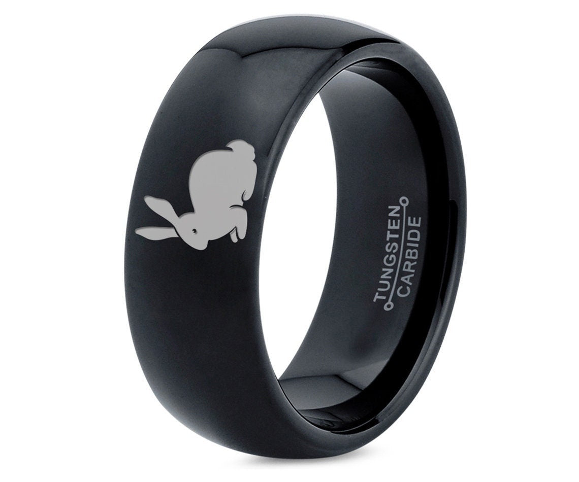 Pet Rabbit Bunny Ring, Animal Ring, Black Wedding Ring, Fancy Tungsten Ring, Laser Engraved Ring, Bands For Men, Wedding Ceremony Gifts