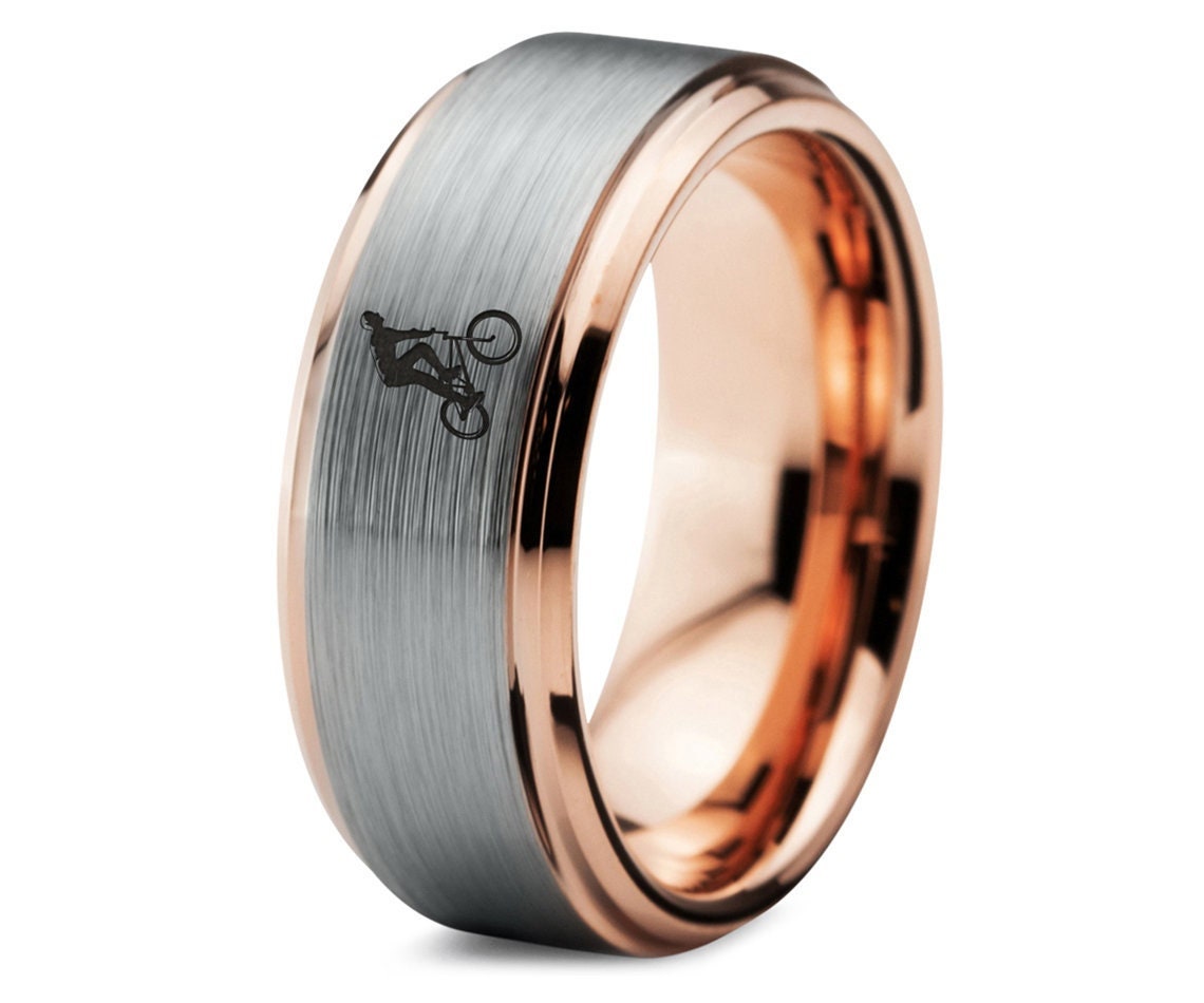 Bicycle Rider Ring - Mens Bike Ring - Silver Brushed Wedding Band - Rose Gold Tungsten Rings - Ring Sets For Him and Her - Graduation Gifts