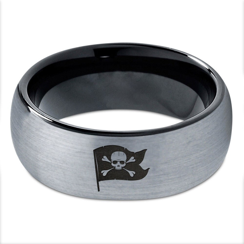 Pirate Caribbean Ship Flag Ring, Wedding Band For Women, Mens Tungsten Ring, Dome Black Gray Ring, Promise Ring Unique, Gifts For Friends