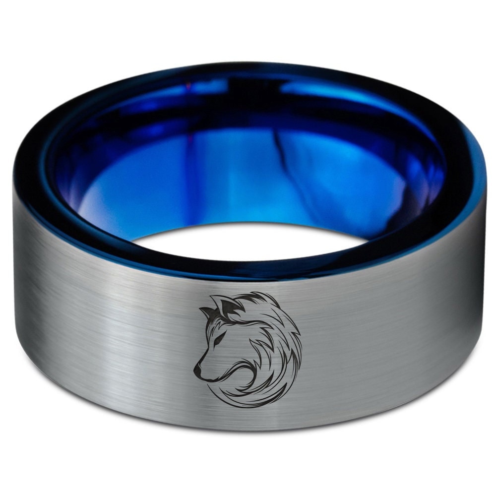 Wolf Cubs Cute Head Ring, Silver Wedding Band Men, Tungsten Blue Ring, Laser Engraved Ring, Unique Engagement Ring, His and Her Gift