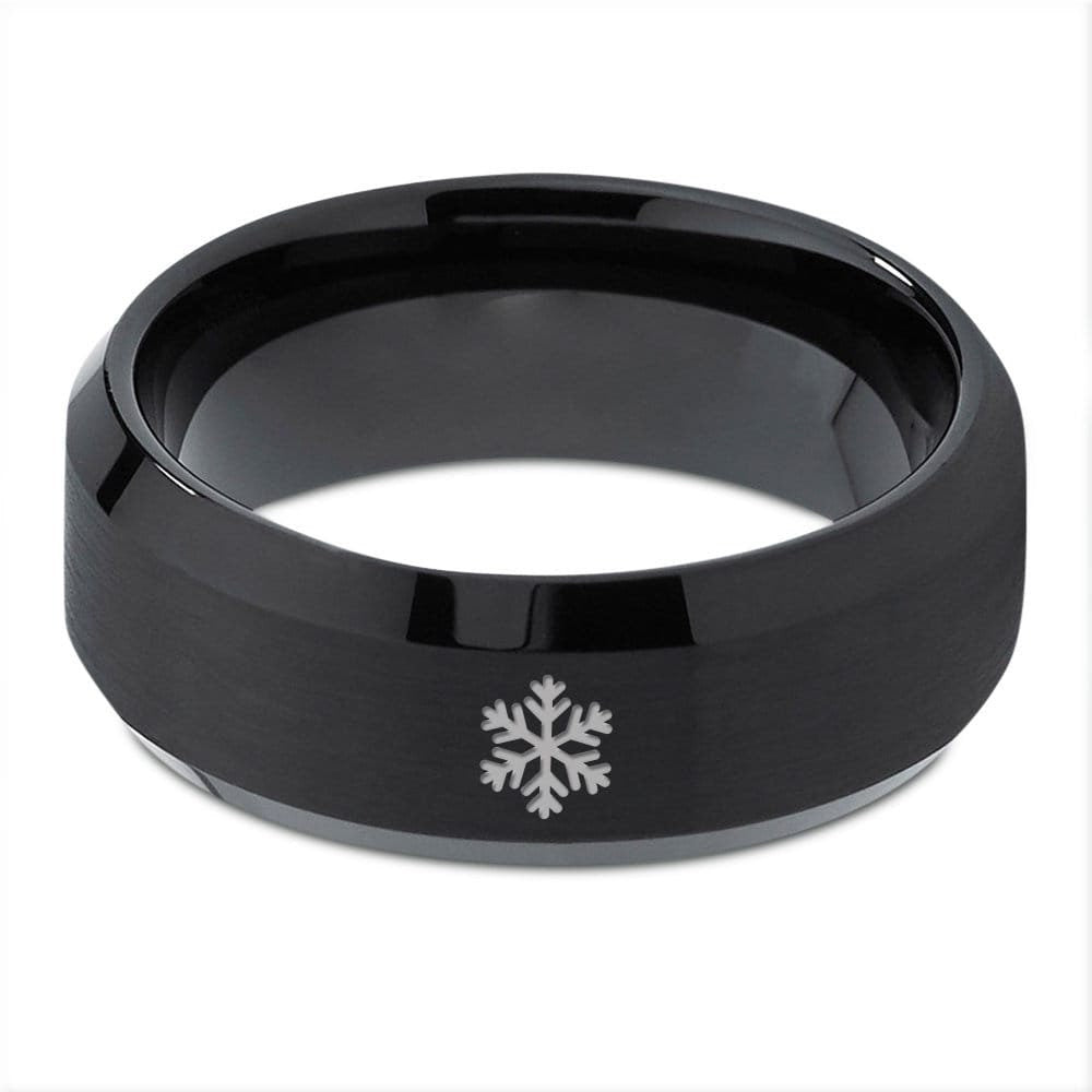 Snowflake Drop Winter Christmas Ring - Beveled Tungsten Wedding Band Black - Snowy Ring - Winter Jewelry - His and Hers Ring - Gift For Wife