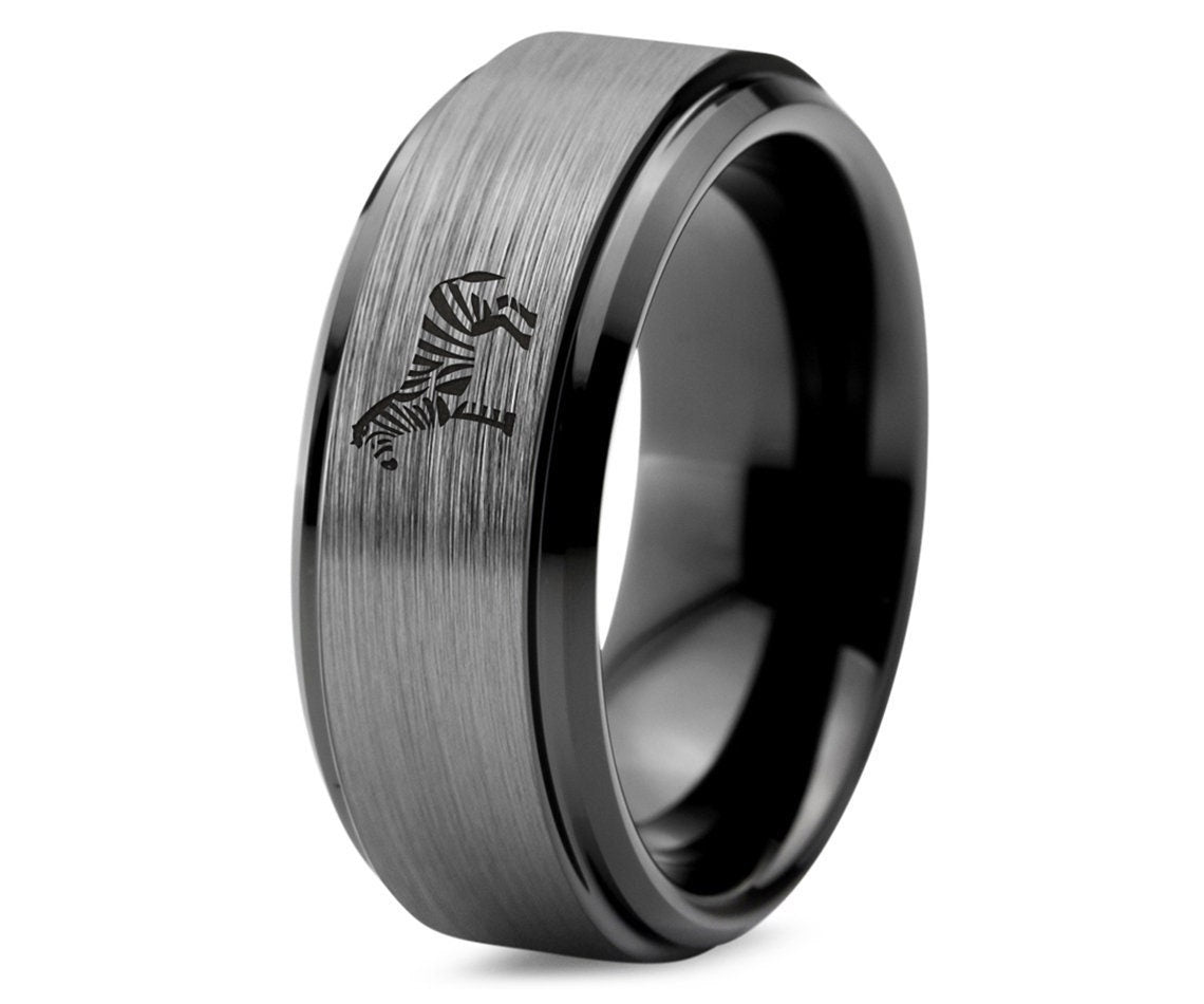 African Animal Zebra Ring - Laser Marking Wedding Rings - Black Tungsten Ring Men - Silver Gray Brushed Ring - Husband Wife Gifts For Couple